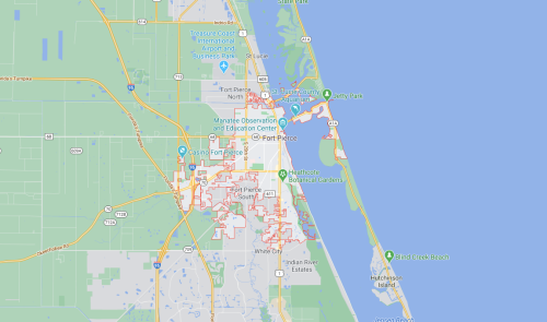 Map of Fort Pierce, Florida, showing streets, parks, and nearby coastal areas.