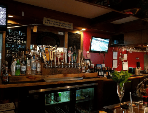 A bar with a variety of beer taps, shelves of liquor, and a TV displaying a sports game. Happy Hour sign visible.