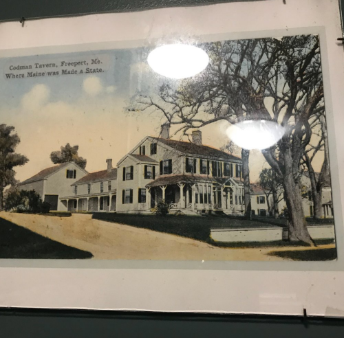 Historic image of Codman Tavern in Freeport, Maine, with text about its significance in Maine's statehood.