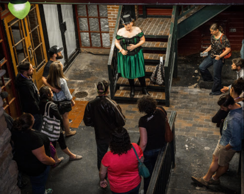 A performer in a green dress entertains a diverse audience in a lively, rustic venue.
