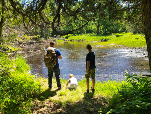 Three people stand by a serene riverbank, surrounded by lush greenery and trees, enjoying a sunny day outdoors.
