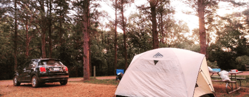 A camping scene featuring a tent and a parked car surrounded by tall trees at dusk.