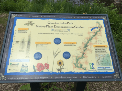 Sign at Quarton Lake Park showcasing a Native Plant Demonstration Garden with information on native plants and their benefits.