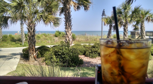A refreshing drink sits in the foreground, with palm trees and a beach view in the background under a clear blue sky.