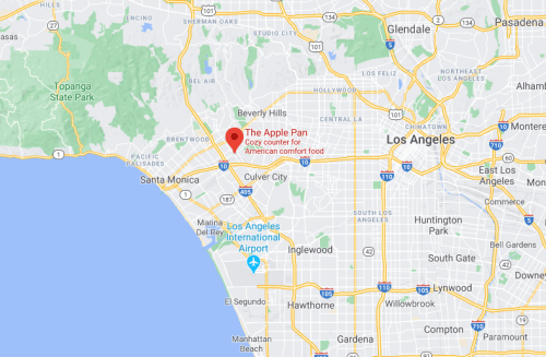 Map showing Los Angeles with a marker for The Apple Pan, a cozy spot for American comfort food.
