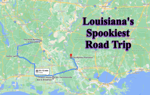 Map highlighting Louisiana's spookiest road trip route, featuring Gothic Jail and Myrtles Plantation.