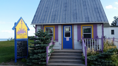A charming bookshop with a purple and yellow exterior, surrounded by greenery and a clear blue sky.