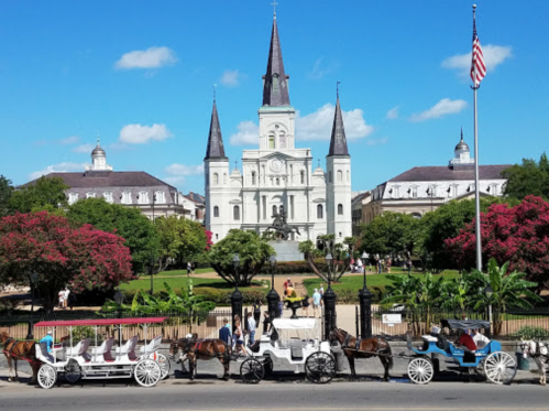 Carriages lined up in front of a historic building with spires, surrounded by greenery and people enjoying the day.