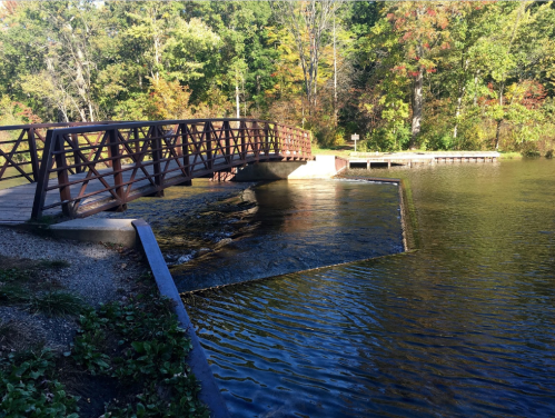 A wooden bridge spans a calm river, surrounded by trees with autumn foliage. A small dock is visible nearby.