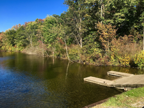 A serene river scene with a wooden dock, surrounded by colorful autumn foliage and clear blue skies.