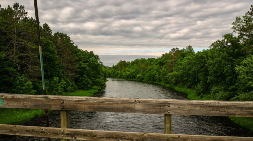 A wooden bridge overlooks a calm river surrounded by lush green trees under a cloudy sky.