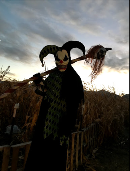 A menacing figure in a jester costume holds a staff with a skull, standing in a cornfield under a cloudy sky.