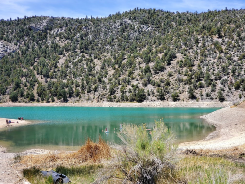 A serene lake surrounded by green hills and trees, with people enjoying the water on a sunny day.