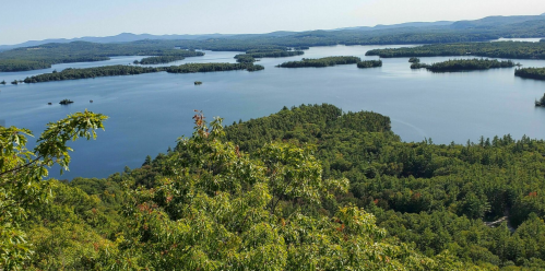 A panoramic view of a serene lake surrounded by lush green islands and hills under a clear blue sky.