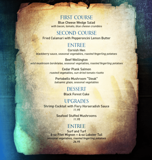 Menu featuring courses: salad, calamari, chicken, salmon, mushroom steak, dessert options, and upgrade choices.