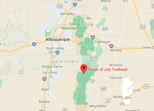 Map showing the Fourth of July Trailhead near Albuquerque, New Mexico, surrounded by Cibola National Forest.