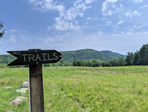 A wooden sign points left, reading "All TRAILS," with a scenic view of green hills and a blue sky in the background.
