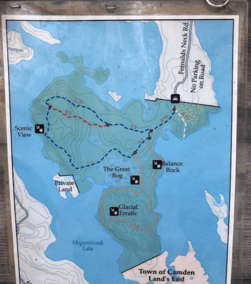 Map of Camden Land's End showing trails, scenic views, and notable features like The Great Bog and Balance Rock.