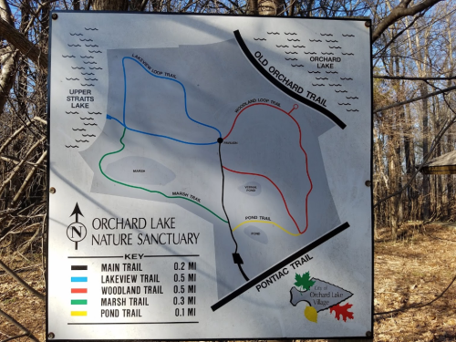 Map of Orchard Lake Nature Sanctuary showing trails: Main, Lakeview, Woodland, Marsh, Pond, and Old Orchard Trail.