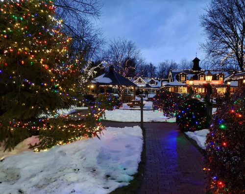 A winter scene with snow-covered ground, colorful Christmas lights on trees and bushes, and a cozy village atmosphere.
