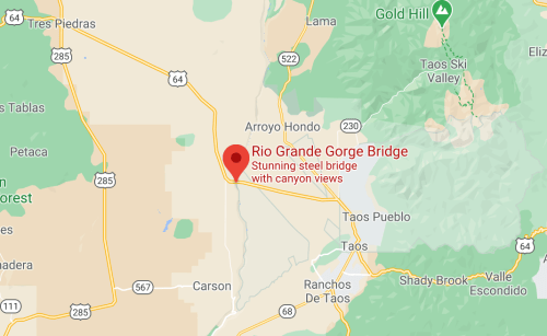 Map showing the location of the Rio Grande Gorge Bridge, highlighting its stunning canyon views.