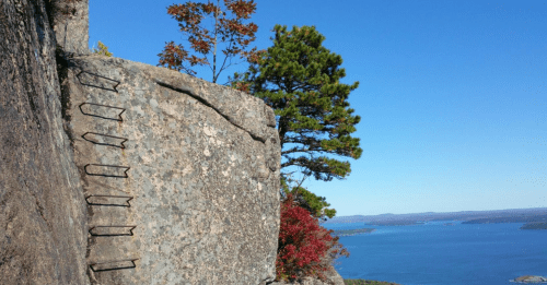 A rocky cliff with metal anchors, a tree, and a clear blue sky overlooking a lake and distant hills.