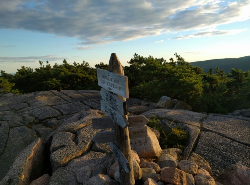 A wooden signpost on a rocky summit, surrounded by trees, with a scenic view under a partly cloudy sky.