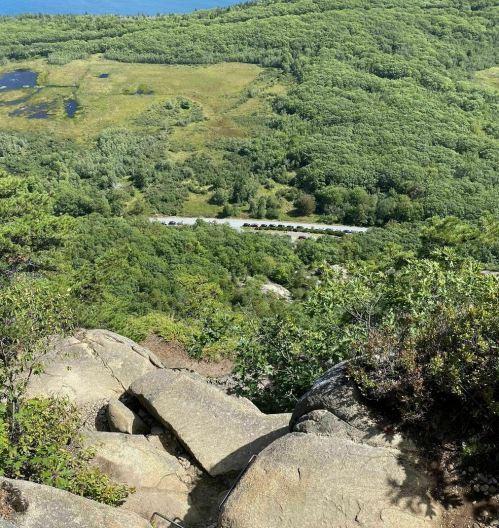 Aerial view of a lush green landscape with a winding road and parked cars below, seen from a rocky cliff edge.