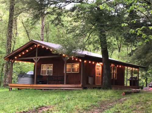 A cozy wooden cabin surrounded by trees, featuring a porch with string lights and a peaceful, green setting.