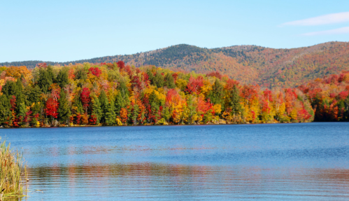 A serene lake surrounded by vibrant autumn foliage in shades of red, orange, and yellow, with mountains in the background.