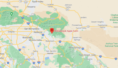 Map showing the location of Willowbrook Apple Farm near San Bernardino National Forest and surrounding areas.