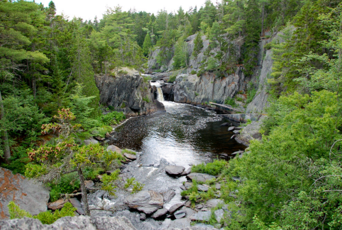 A serene landscape featuring a river flowing through rocky terrain, surrounded by lush green trees and a small waterfall.
