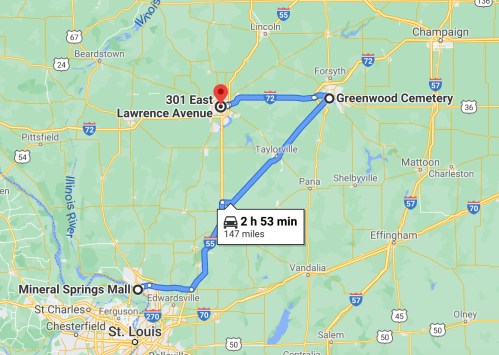 Map showing a route from Mineral Springs Mall to Greenwood Cemetery, with a travel time of 2 hours and 53 minutes.