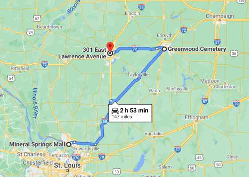 Map showing a route from Mineral Springs Mall to Greenwood Cemetery, with a travel time of 2 hours and 53 minutes.