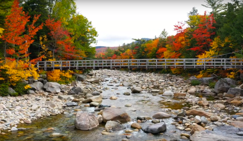 A serene river flows through a rocky bed, surrounded by vibrant autumn foliage and a wooden bridge in the background.