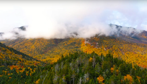 Aerial view of colorful autumn foliage on mountains, with clouds partially covering the peaks.