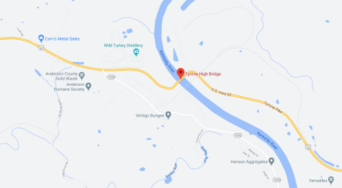 Map showing the location of Tyrone High Bridge along US Highway 62, near Anderson County, Kentucky.