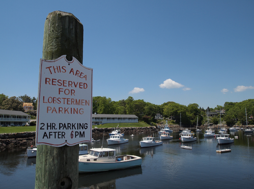 Sign on a post reads "This area reserved for lobstermen parking" near a harbor with boats and trees in the background.