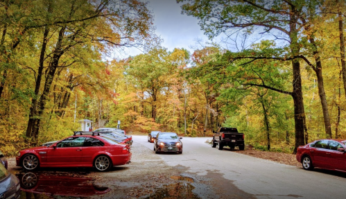A scenic parking area surrounded by colorful autumn trees, with several cars parked along a gravel road.