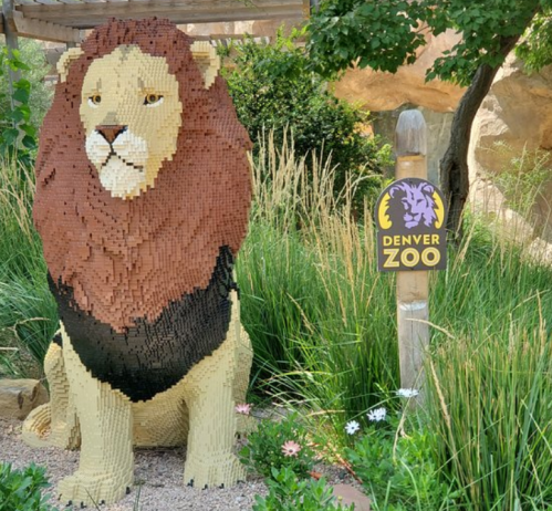 A large lion sculpture made of colorful blocks stands near a Denver Zoo sign, surrounded by greenery.