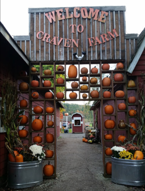 A rustic entrance to Craven Farm, adorned with pumpkins and flowers, leading to a charming farmyard.