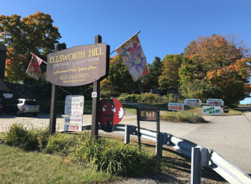 Sign for Ellsworth Hill Orchard & Berry Farm with colorful flags and various signs, surrounded by autumn foliage.