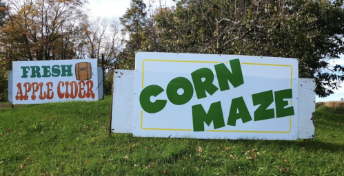 Two signs in a grassy area: one reads "Fresh Apple Cider" and the other "Corn Maze," with trees in the background.