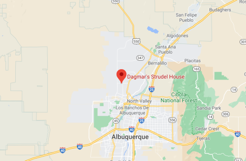 Map showing the location of Dagmar's Strudel House in Albuquerque, New Mexico, near Cibola National Forest.