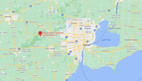 Map showing the location of Ghostly Grove Haunted Forest Attraction near Detroit, Michigan, with surrounding areas highlighted.