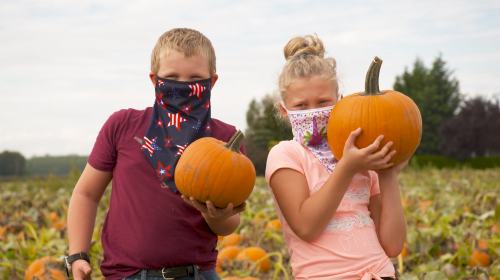 Two children wearing masks hold pumpkins in a field, surrounded by more pumpkins under a cloudy sky.