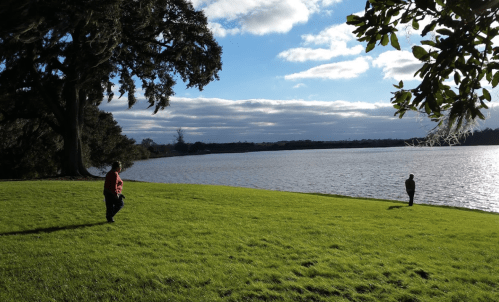 Two people stand on a grassy shore by a lake, with trees and a cloudy sky in the background.