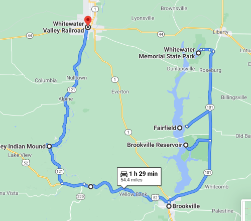 Map showing a route from Brookville to Whitewater Valley Railroad, passing through Fairfield and Whitewater Memorial State Park.