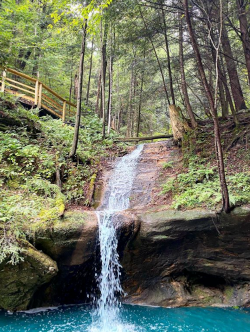 A serene waterfall cascades over rocks into a turquoise pool, surrounded by lush green trees and a wooden railing.