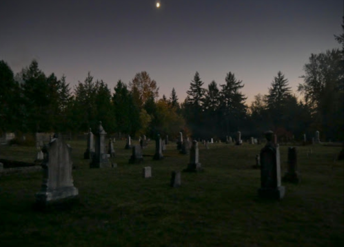 A quiet graveyard at dusk, with tombstones and trees silhouetted against a darkening sky and a crescent moon.